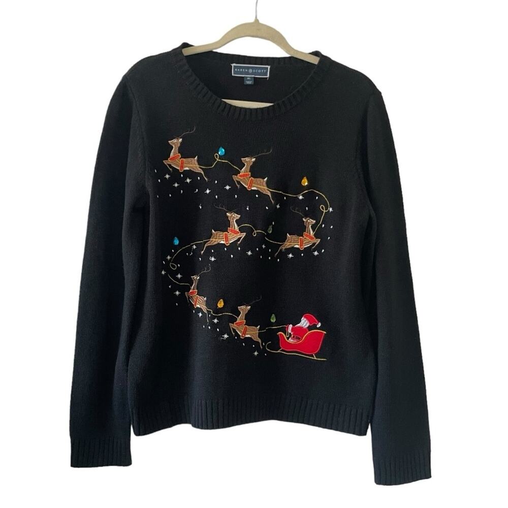 Karen Scott Christmas Sweater Size XL Black Santa Reindeer Lights